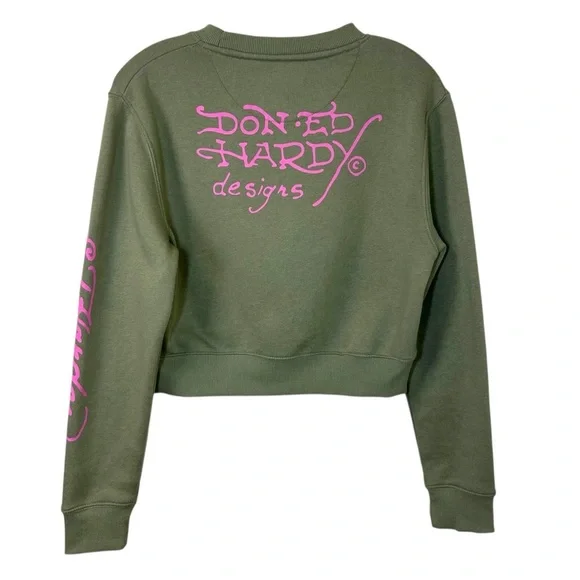 Ed Hardy - Women’s Y2k Graphic-Print Sweatshirt, Cropped, ‘Tattoo’ - Green Small - Picture 3 of 16